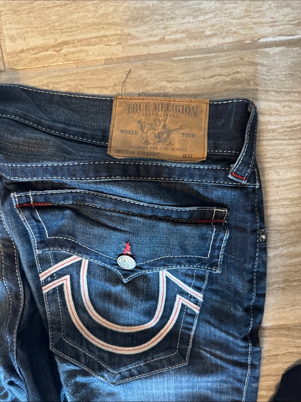 True Religion Dark Blue Straight Leg Jeans with Signature Pocket Stitching - Picture 2 of 4